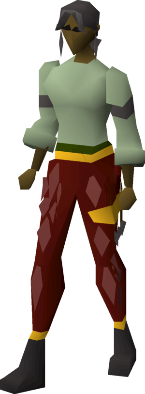 Red d'hide chaps (g) equipped female.png